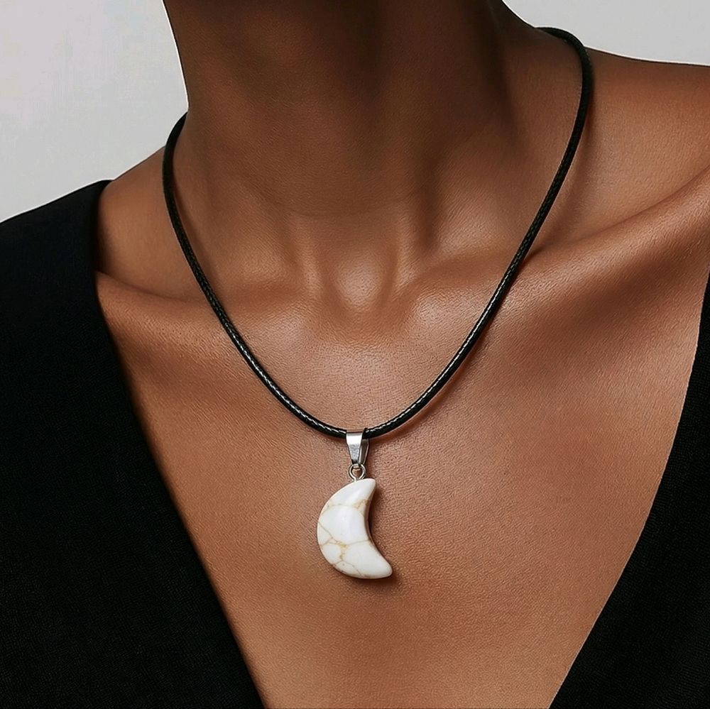 White Howlite Matrix Crescent Moon Necklace Stone Celestial Crystal Pendant Cord